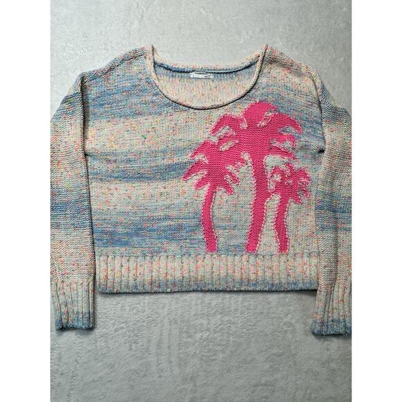 Anthropologie Palm Tree Boat Neck Oversized Women's Sweater Knit Blue Sz M - Picture 1 of 6